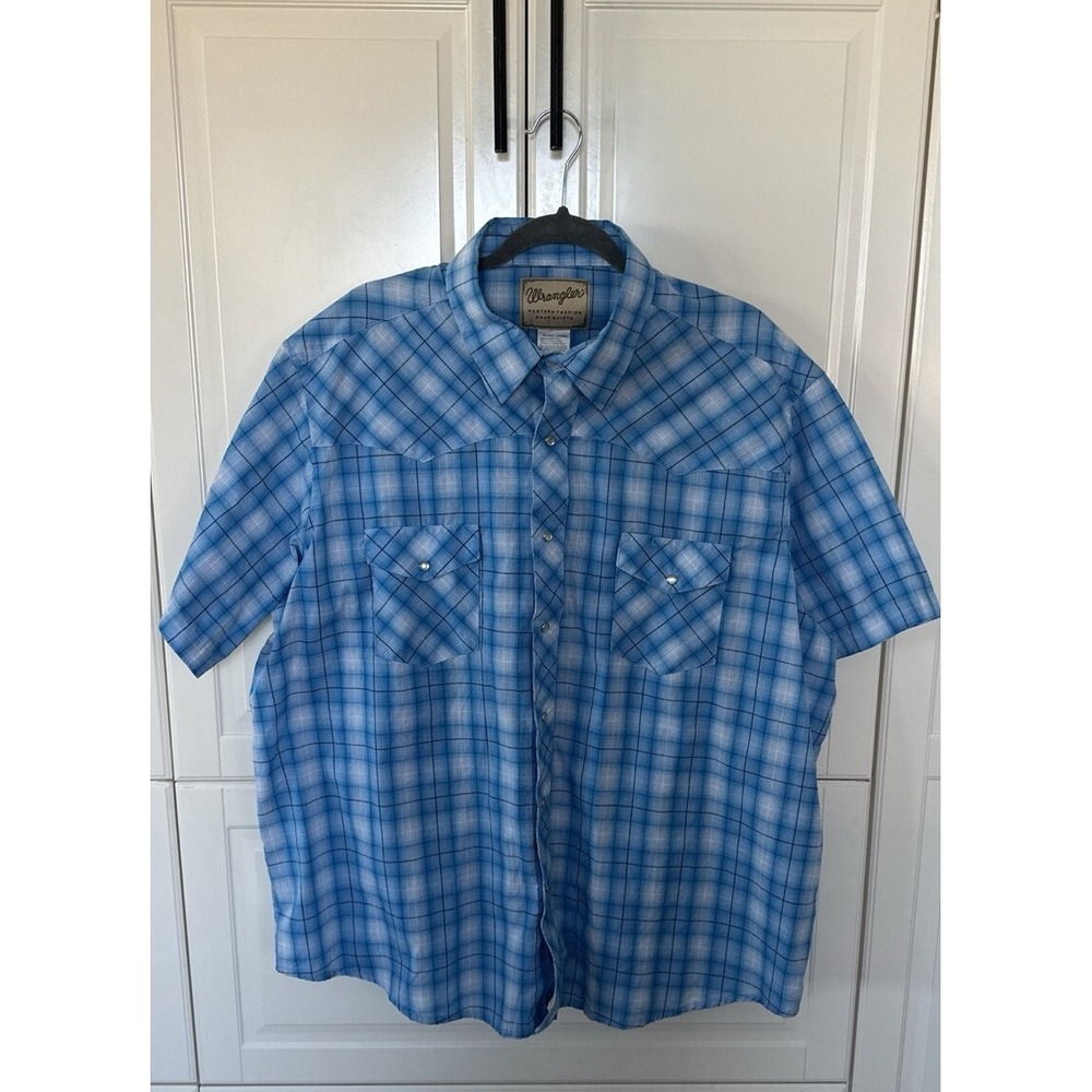 Wrangler Wrancher blue plaid short sleeve pearl snap western cowboy shirt. 2XL